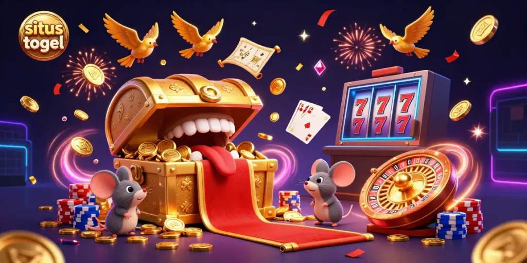 Situs togel illustrated with a lively treasure chest, adventure mice, and sparkling casino elements.