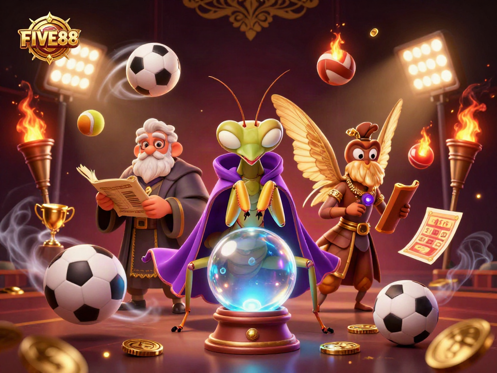 Engage in FIVE88's thrilling casino sports action with vibrant characters and dynamic game elements in this 3D illustration.