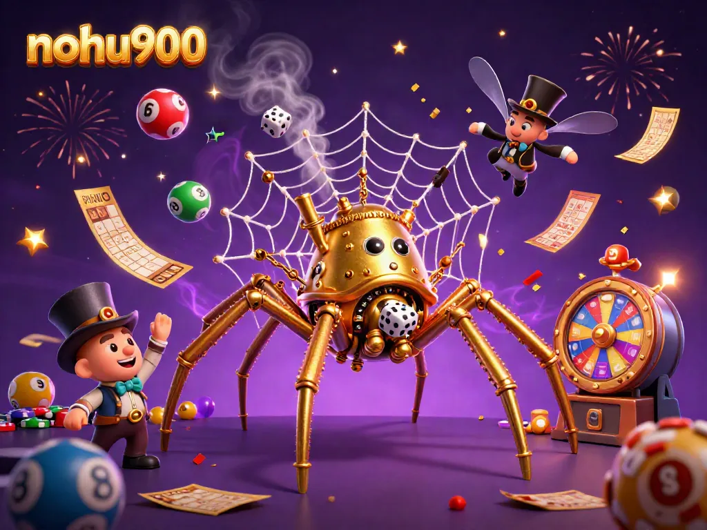 Engage with nohu900's thrilling gaming adventure featuring a steampunk spider and vibrant lottery elements.