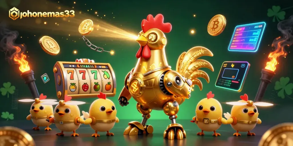 Permainan gacor di pohonemas33 dengan robot ayam emas dan simbol slot yang berinteraksi.