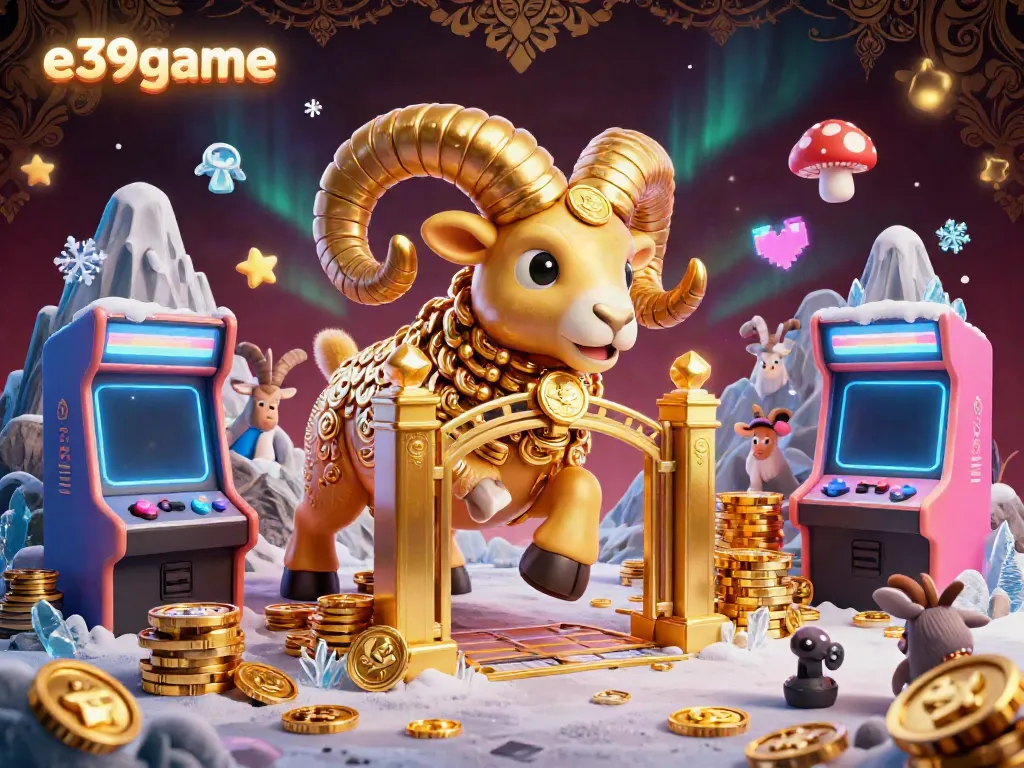 Experience the vibrant world of e39game with a golden ram charging through a colorful arcade-themed casino.