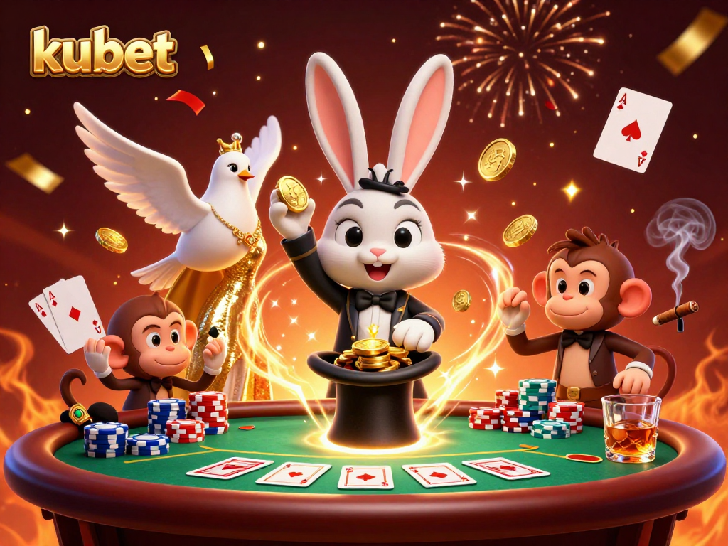 Engage with kubet's dynamic poker scene featuring a magician rabbit, dove, and monkey amidst festive casino elements.