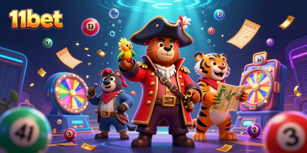 Win big at 11bet with a vibrant 3D casino scene featuring an adventurous bear captain, tiger, and treasure elements.