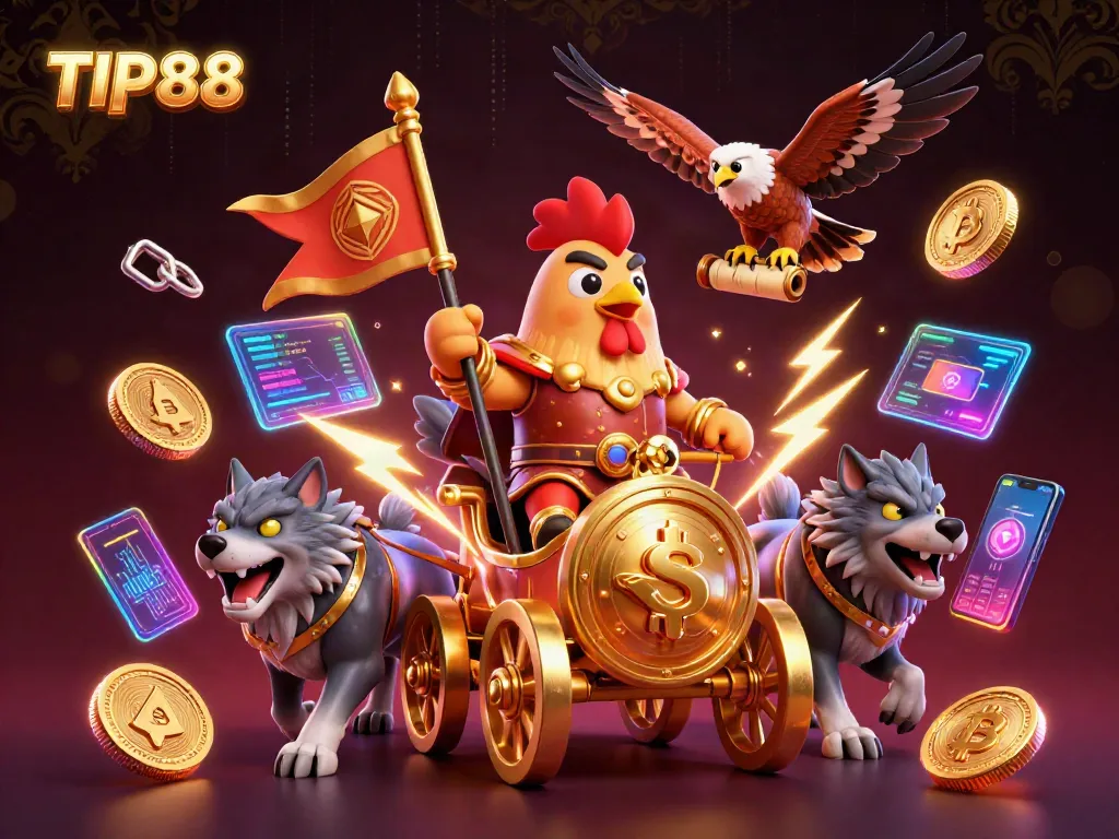 Engage with TIP88 for thrilling gameplay featuring a rooster warlord in a dynamic casino scene.