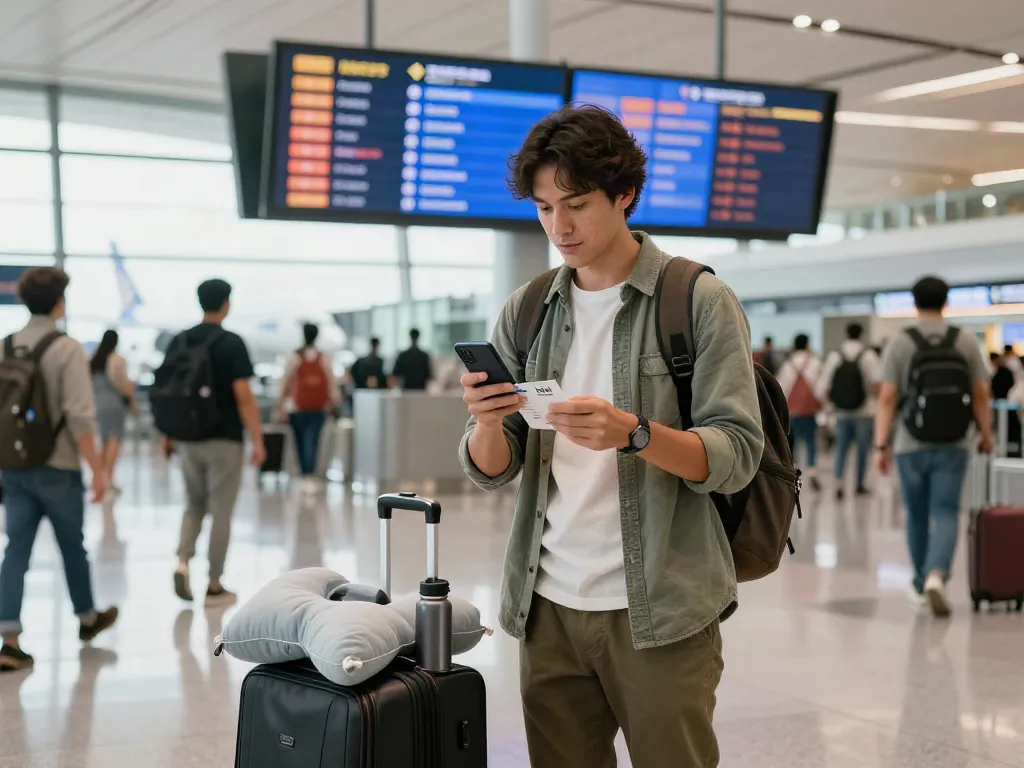 Traveler at airport terminal checking garuda 404 flight details, surrounded by diverse travelers and vibrant digital displays.