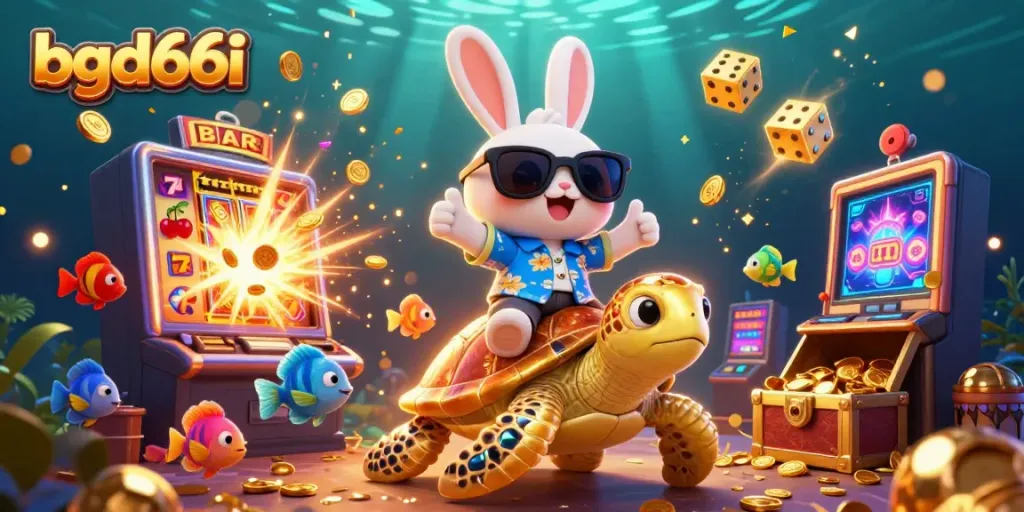 Experience thrilling gameplay with bgd66i in this colorful 3D illustration featuring a lucky rabbit and a golden turtle.