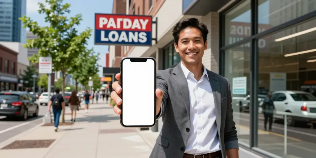 Payday Loans Co Calgary office scene with individual applying for a loan.