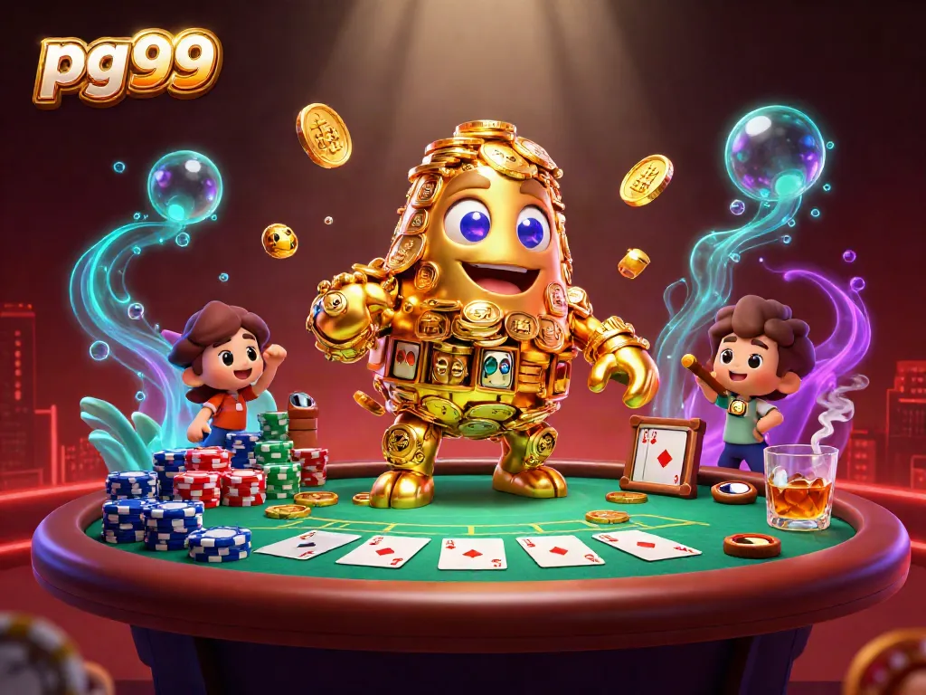 Engage with pg99 in a vibrant poker scene featuring a golden golem, poker elements and lively effects.