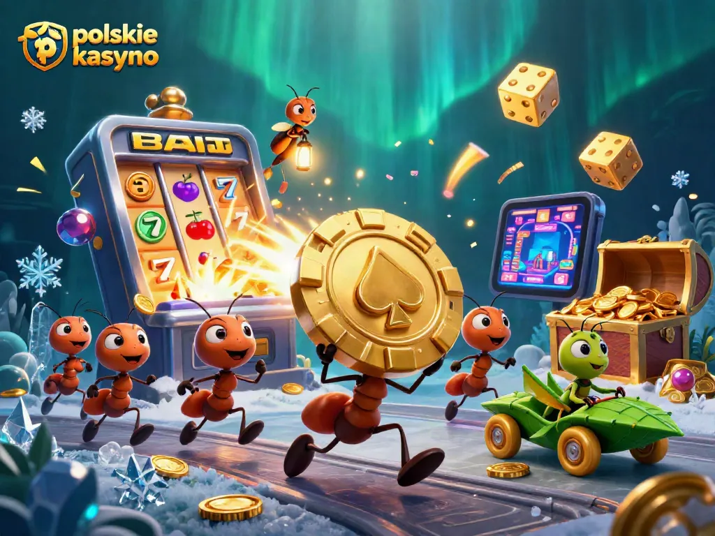 Vibrant scene of polskie kasyno bitcoin illustrated with ants heisting chips amidst casino excitement.