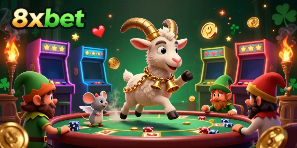 Experience thrilling gaming at 8xbet's festive casino with animated characters in chaotic fun.