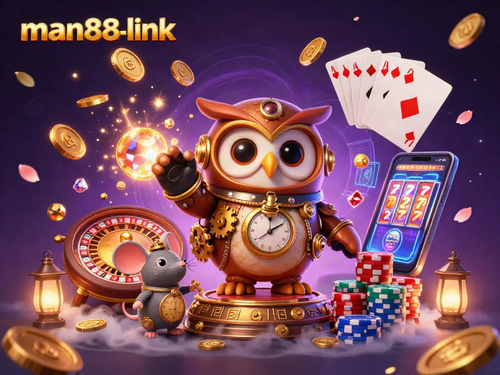 Win big at man88-link with a lively 3D casino scene featuring steampunk characters and vibrant gambling elements.