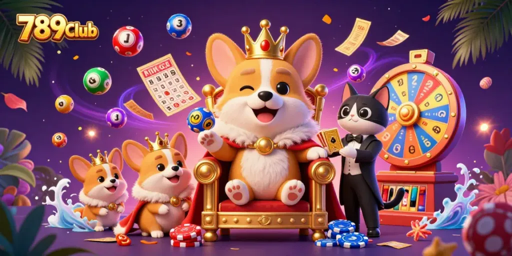 Experience thrilling gaming with 789Club’s playful corgi royalty amid colorful lottery and casino elements.