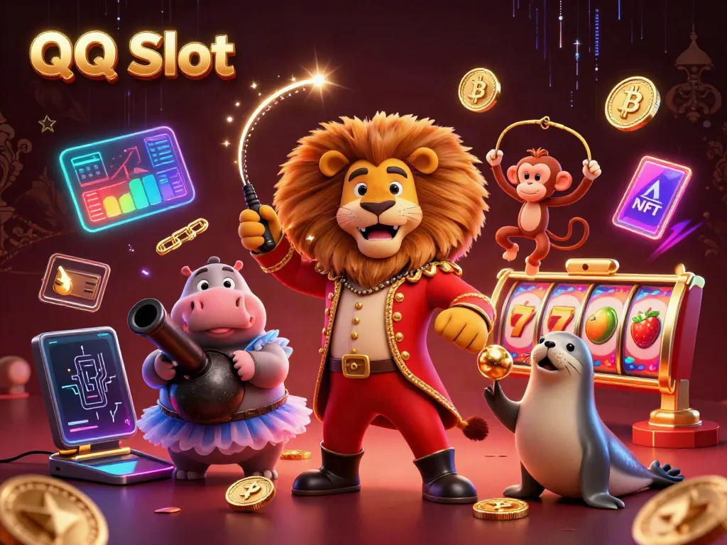 Engage in exciting QQ Slot adventures with vibrant characters, coins, and slot reels in a rich casino scene.