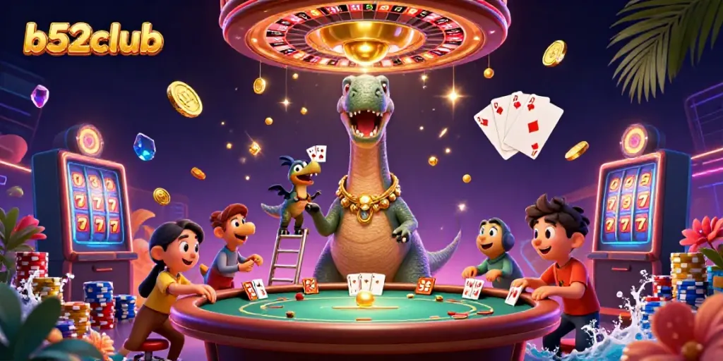 Engage with the exciting b52club 3D illustration featuring vibrant casino scenes and playful dinosaur characters.