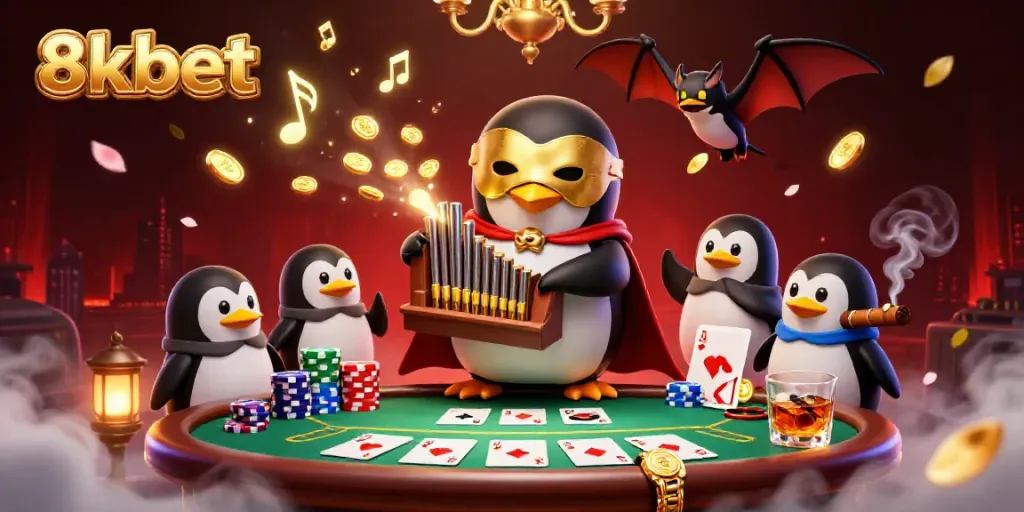 Experience the thrilling atmosphere of 8xbet with a penguin playing organ, surrounded by poker and vibrant casino elements.