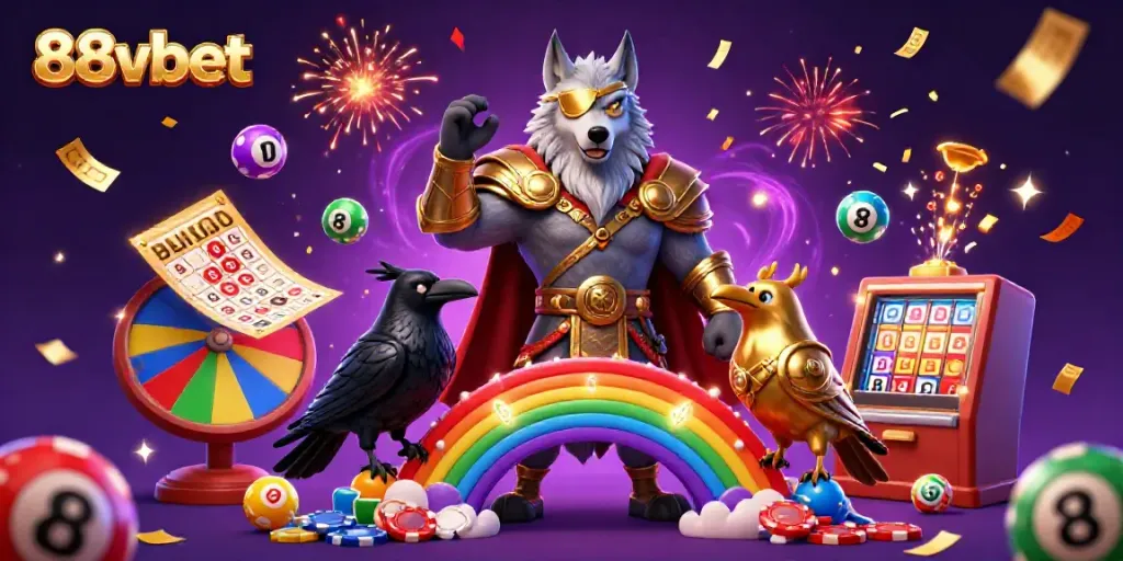 Engage with vibrant 88vbet casino elements featuring a Norse wolf and mystical lottery action.