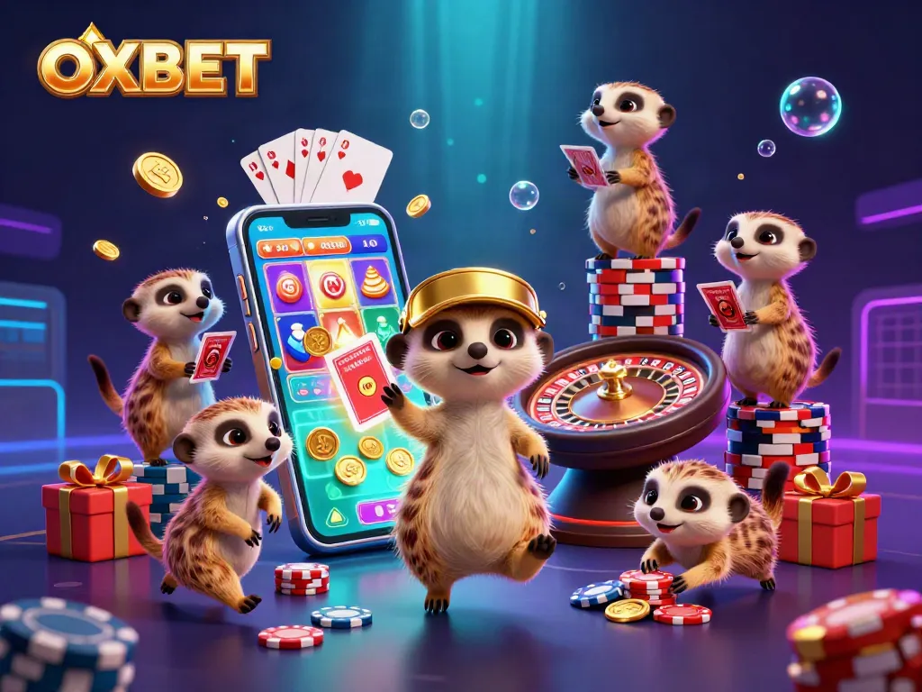 Engage with OXBET's dynamic gambling environment as meerkats run a casino operation amidst vibrant games and festive elements.