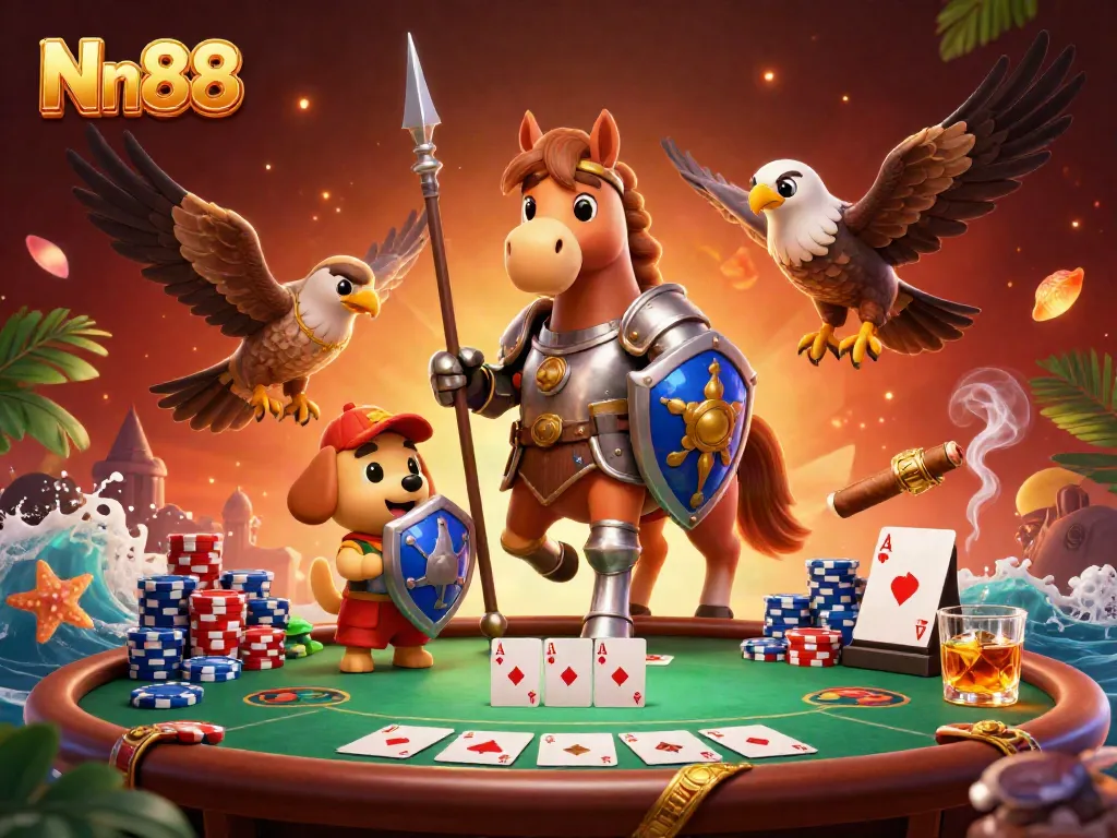 Experience thrilling gameplay at Nn88 with a knight, squire, and falcon amid dynamic casino elements.