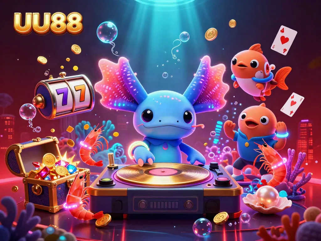 UU88 showcases a vibrant underwater casino scene with a playing axolotl DJ and lively characters.
