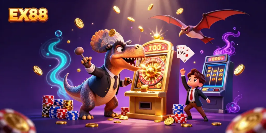 EX88 slot machine jackpot scene with playful dinosaurs and colorful casino elements