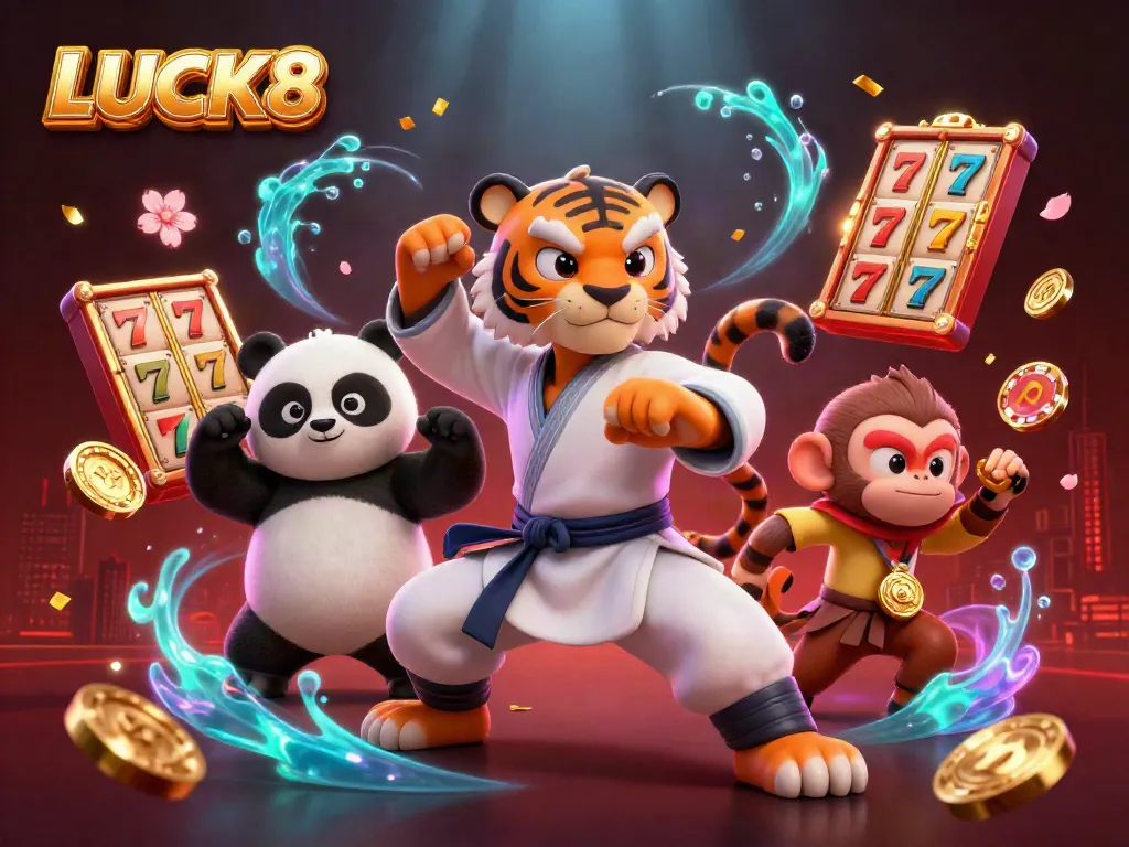 LUCK8 features a vibrant casino scene with a kung fu tiger master and his panda disciple against a backdrop of dynamic gaming elements.