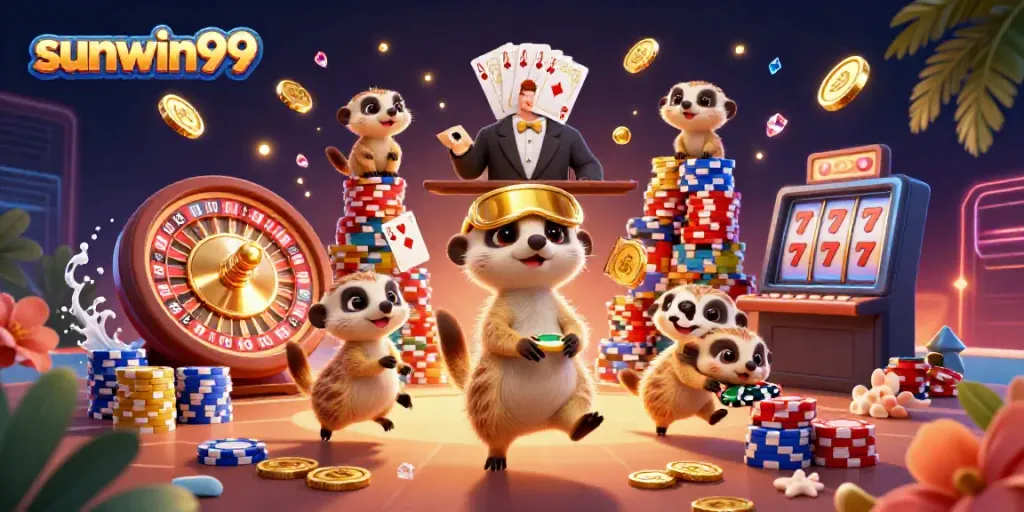 Engage with vibrant action as meerkats operate a sunwin99 casino, surrounded by sparkling gems and coins.