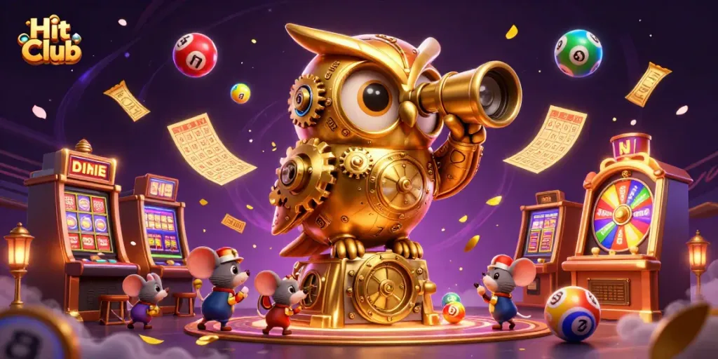 Engaging Hit Club scene featuring a clockwork owl and playful mice among slot machines