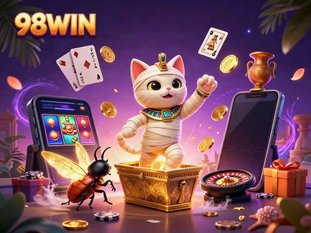 Experience thrilling gaming adventures at 98WIN with dynamic slots and vibrant casino elements.