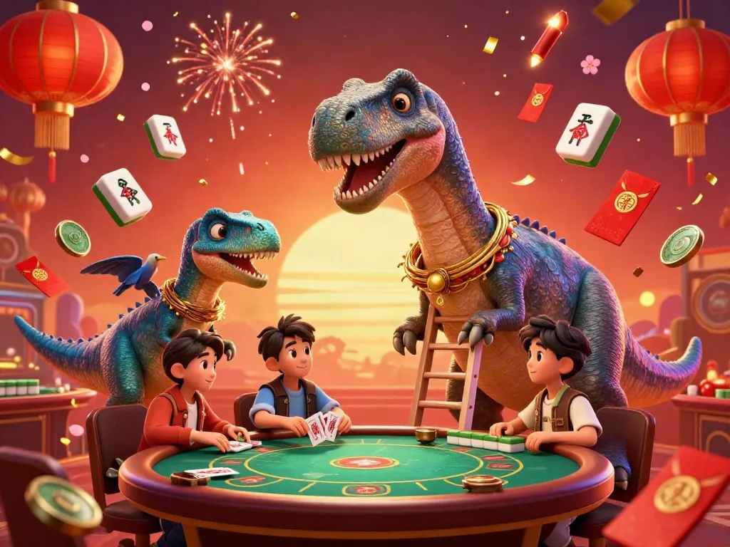 Immerse in the vibrant world of 789WIN where a cartoon brontosaurus overlooks a lively poker table, evoking the thrill of gambling.