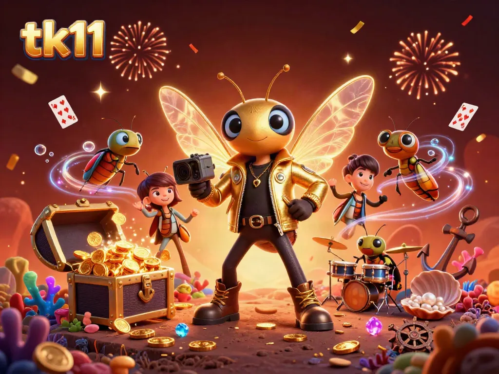 tk11 vibrant casino scene with festive characters and sparkling game elements.