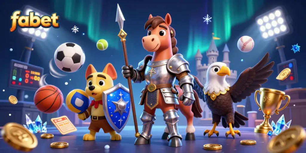 Fabet sports betting action featuring a knight and puppy in an immersive 3D casino scene.