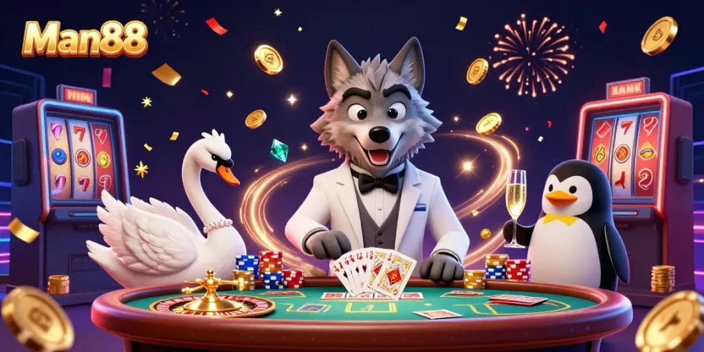 Engage in winning strategies at Man88's vibrant baccarat table with a debonair wolf, elegant swan, and sophisticated penguin.