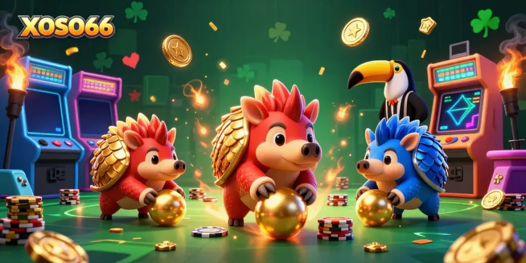 Experience thrilling gaming with XOSO66 as rival pangolins roll into golden balls amidst poker chips.
