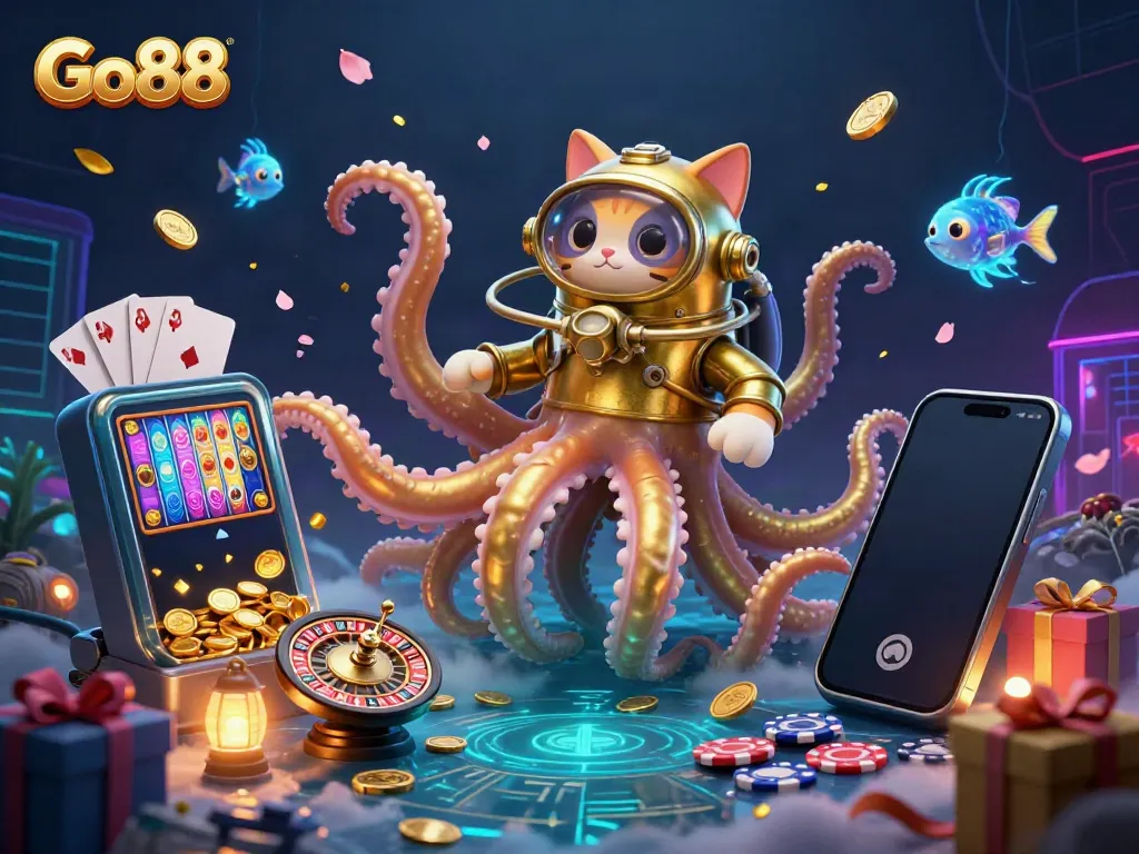 Engage in the thrilling Go88 experience with a colossal kraken, diving cat, and vibrant casino elements.