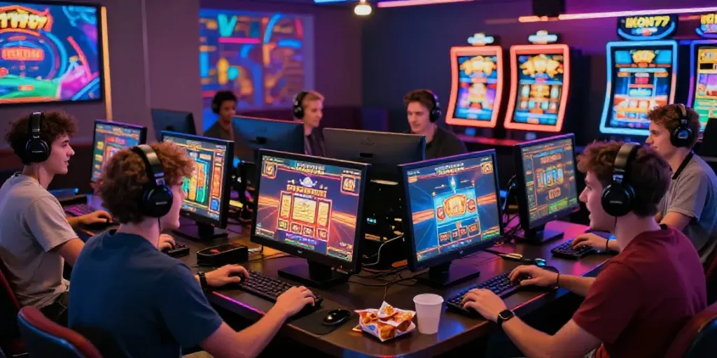 Excited players engaging in online gaming at IKON777, showcasing vibrant casino graphics and interactive atmosphere.