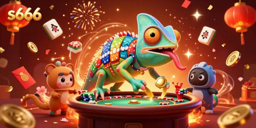Experience the vibrant energy of s666 casino with a dynamic chameleon character capturing golden coins.