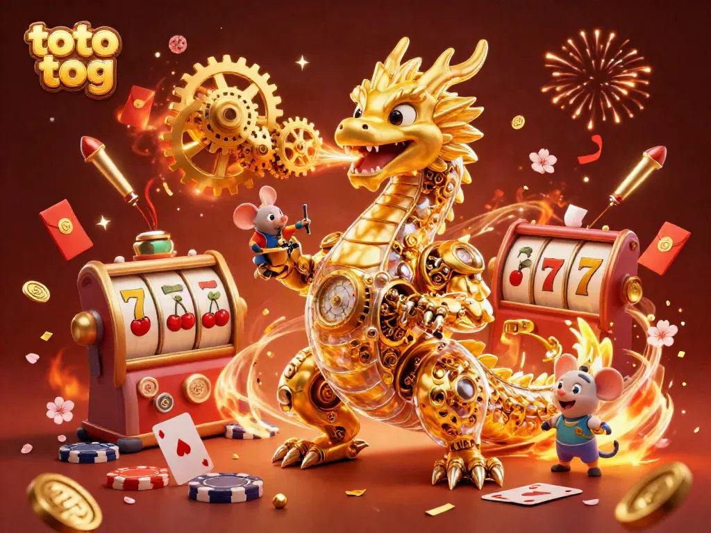 Playing slots with the thrilling toto tog dragon and engineer, surrounded by vibrant casino elements.