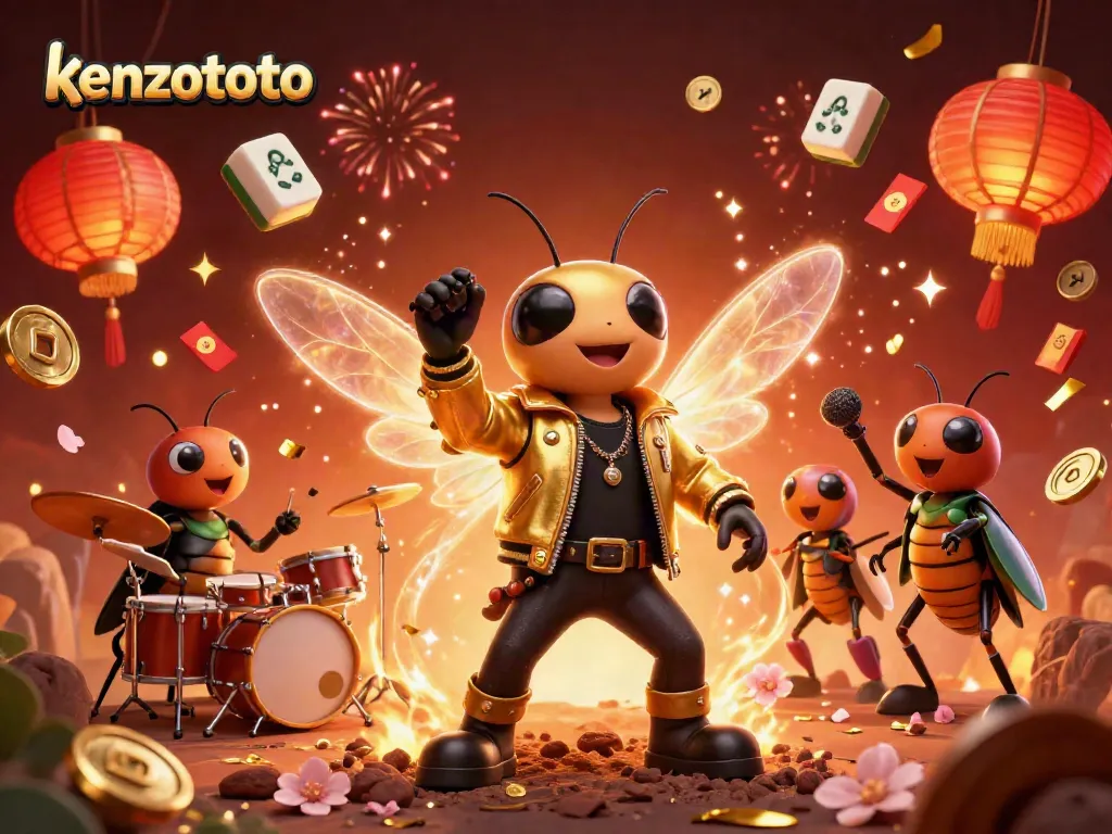Kenzototo platform showcases a vibrant scene with a cicada rock star, beetle drummer, and winning elements.