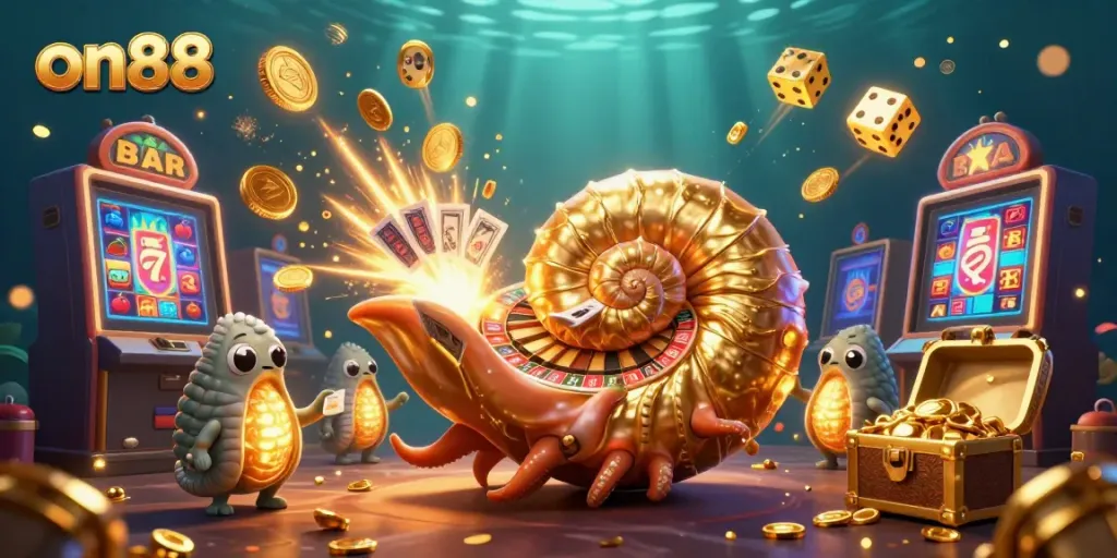 Engage with on88's vibrant 3D casino scene featuring an ancient nautilus roulette wheel and jackpot excitement.