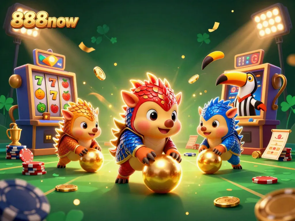 Engage with 888now's thrilling slots experience as two rival pangolins roll golden balls amidst dynamic casino elements.