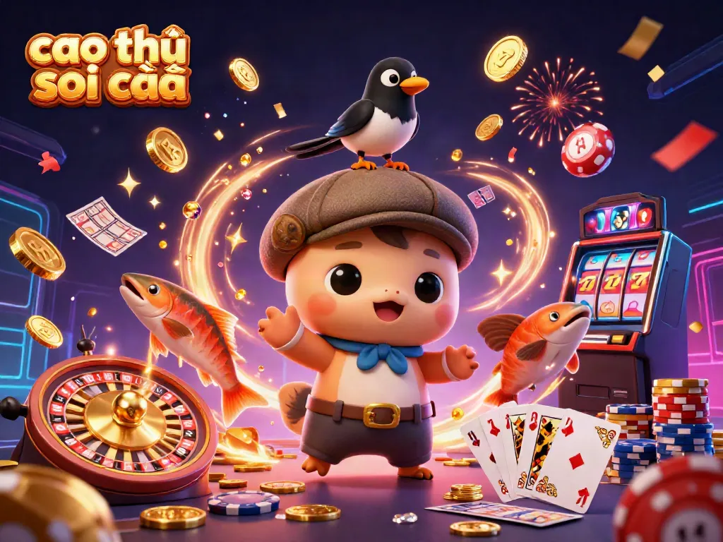 Cao thủ soi cầu lottery scene with Nessie, magpie, salmon, and vibrant casino elements.