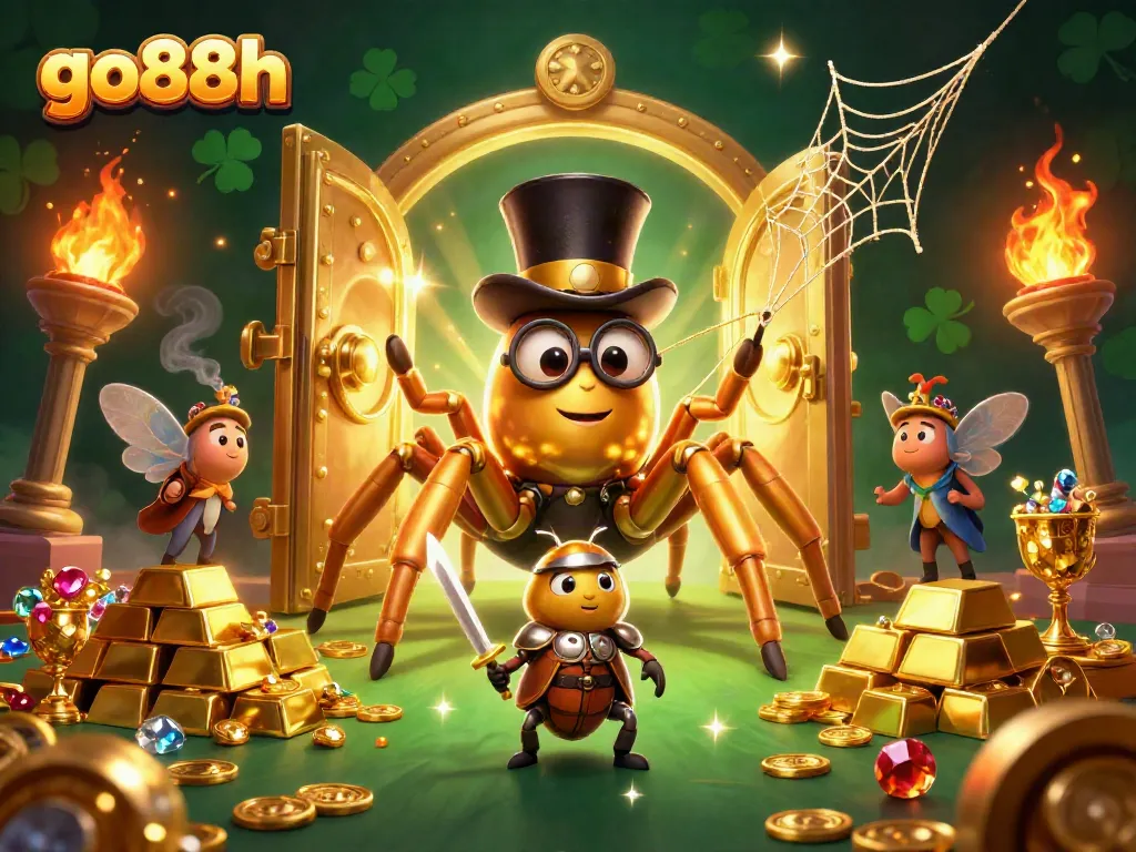Engage with go88h's thrilling games as a bold beetle knight confronts a glamorous golden tarantula in a rich casino scene.