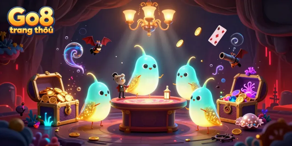 Experience the magic of Go8 trang chủ in a colorful 3D casino scene with glowing characters and treasures.