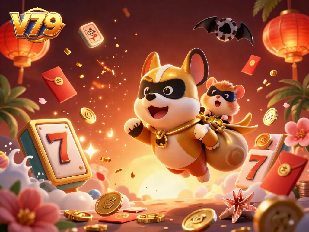 The V79 casino scene features a superhero dog and hamster promoting a vibrant online gaming experience.
