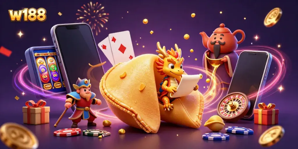 Experience the thrill of w188 with a captivating scene of fortune cookies, dragons, and casino games.