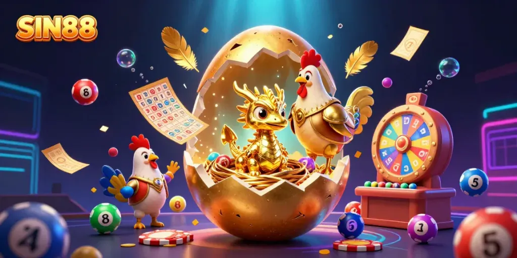SIN88's captivating 3D illustration showcases a golden dragon emerging from a poker chip nest amidst a vibrant casino backdrop.