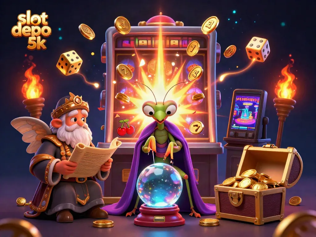 Experience the excitement of slot depo 5k with vibrant characters, jackpots, and casino elements in this lively illustration.