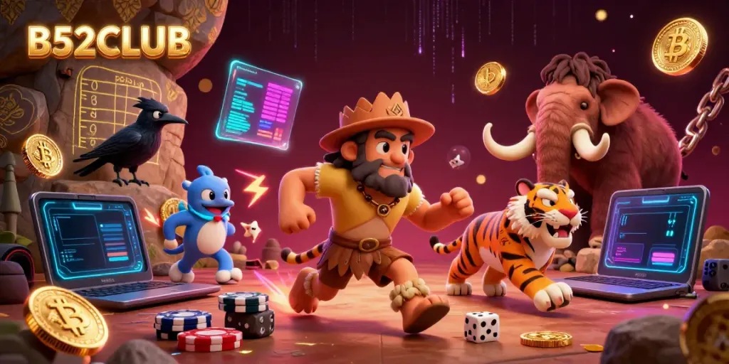Experience B52CLUB's dynamic prehistoric casino featuring a caveman, tiger, and crow amidst glowing crypto coins.