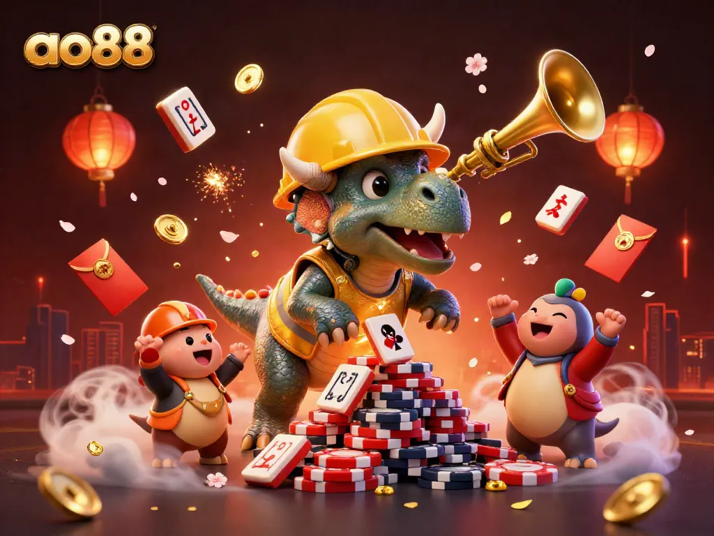 ao88 celebrates with a triceratops and parasaurolophus at a vibrant casino scene.