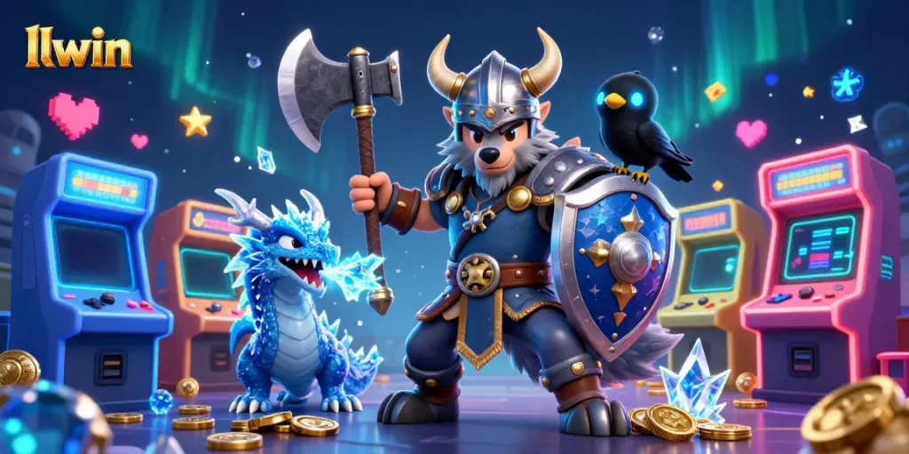 Engage with the llwin gaming adventure featuring a Viking wolf warrior, a fierce dragon, and a brave raven amidst colorful casino elements.
